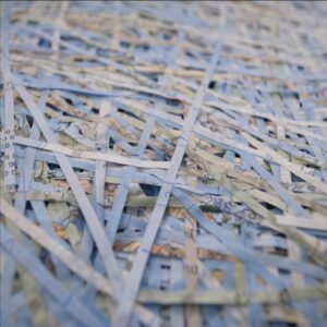 Sophie Bouvier Auslander, detail from The World. 2012-2014, shredded world maps, collage, trestles. 168 x 94 x 75cm.